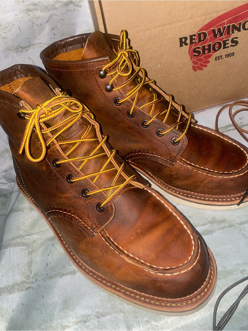 Red Wing Shoes Men’s Chestnut Brown Moc Toe Leather Work Boots leather foot bed